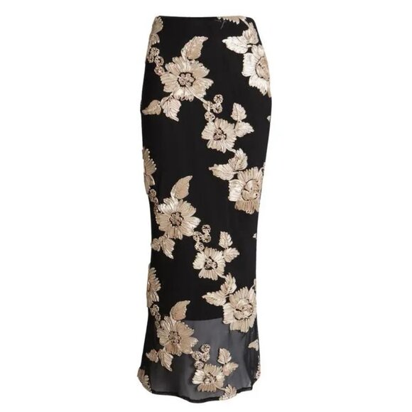NIKKI LUND Vivica Floral Soutache Long SKIRT Size L Black Embroidery Stretch NEW - Picture 2 of 9